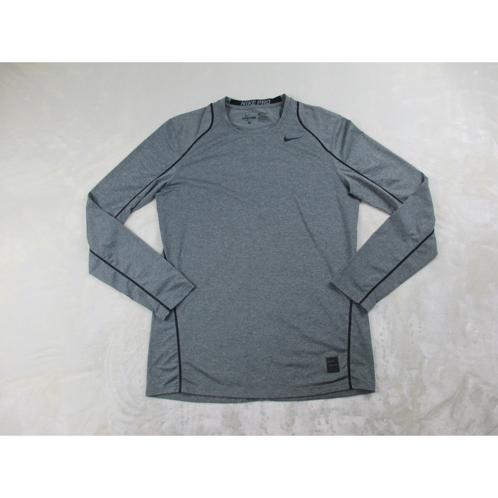 Nike‎ Pro Shirt Mens Medium Gray Long Sleeve Fitted Dri Fit Swoosh Lightweight